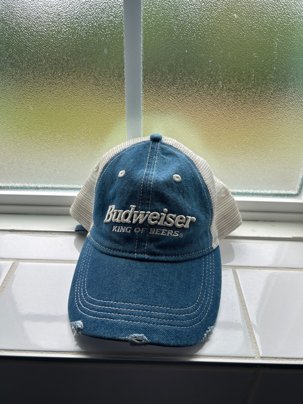 Budweiser Blue and Cream Trucker Hat - Embroidered Logo